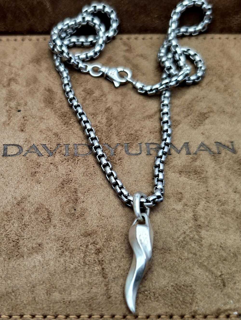 David Yurman Men’s Sterling Silver Box Chain Necklace with Yurman Amulet NIB